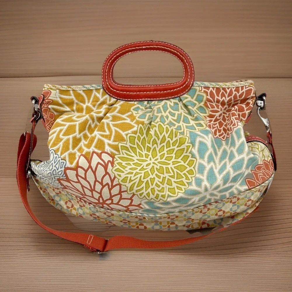Womens Retro Floral Canvas Satchel Multicolor‎ Red Leather Trim Fossil Key-Per